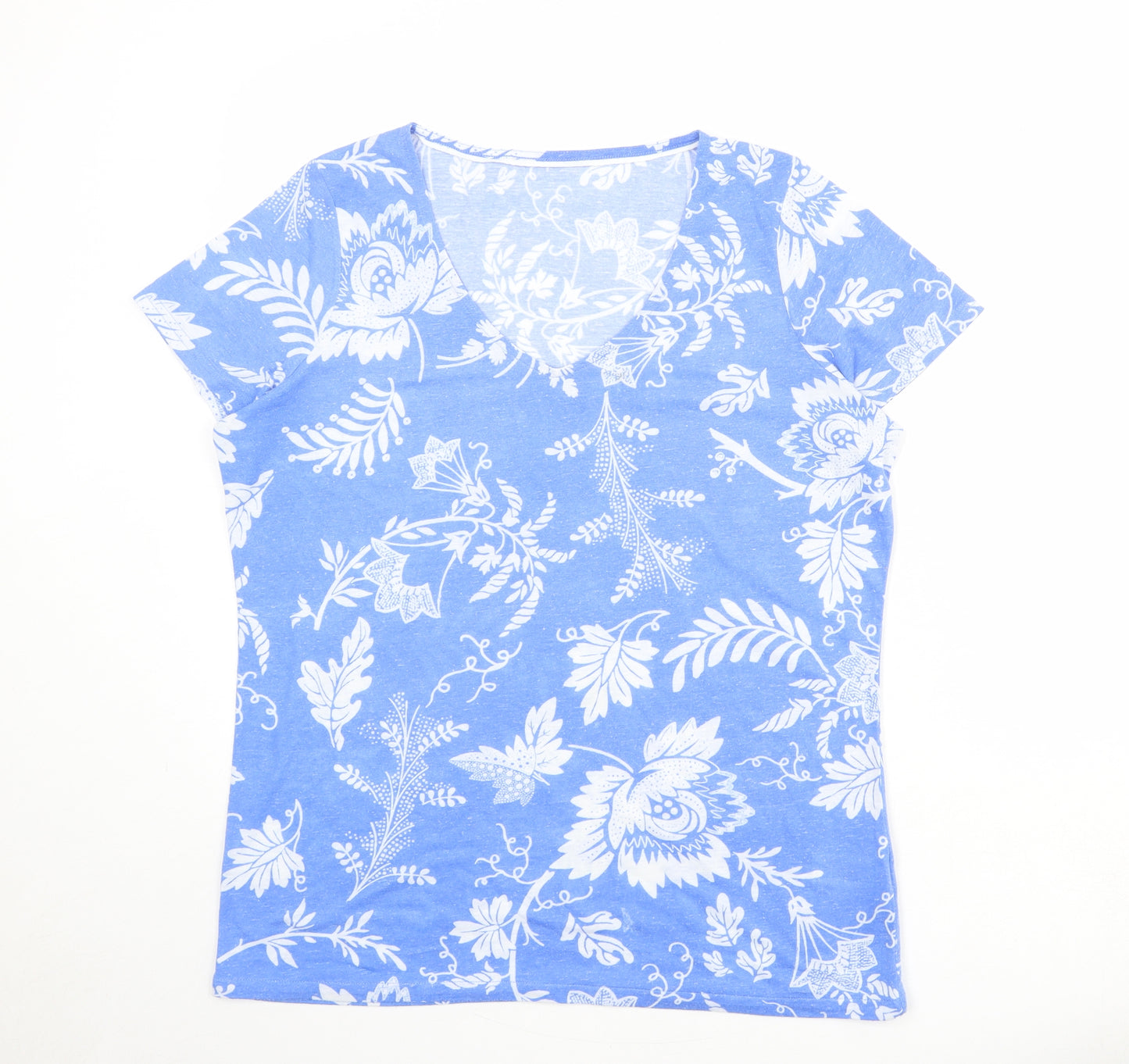 Marks and Spencer Womens Blue Floral Polyester Basic T-Shirt Size 16 V-Neck
