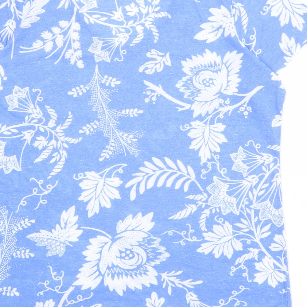Marks and Spencer Womens Blue Floral Polyester Basic T-Shirt Size 16 V-Neck