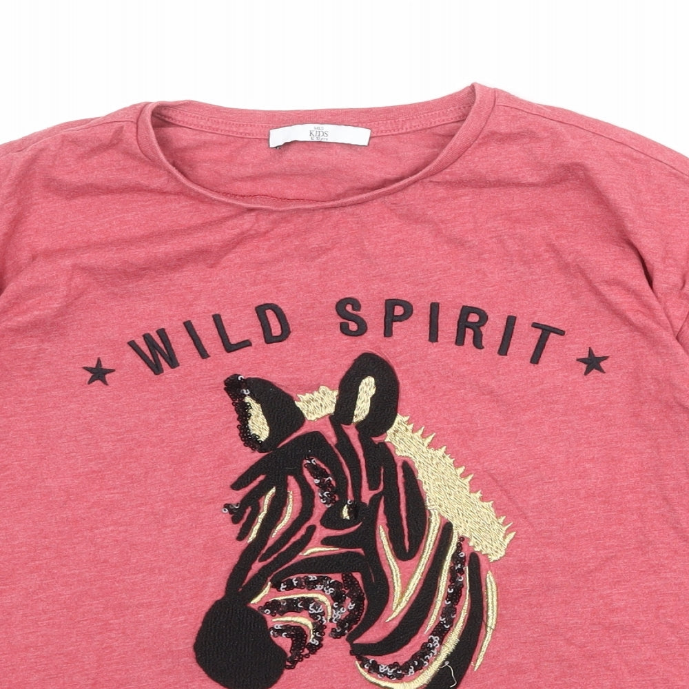 Marks and Spencer Girls Red Polyester Basic T-Shirt Size 12-13 Years Crew Neck Pullover - Zebra Wild Spirit