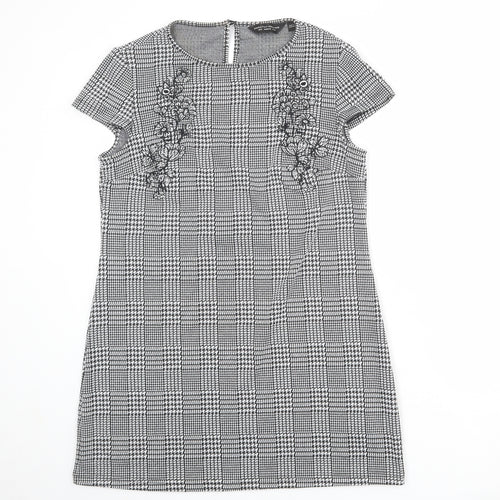 Dorothy Perkins Womens Grey Plaid Polyester A-Line Size 12 Round Neck Button - Flower Detail