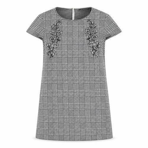 Dorothy Perkins Womens Grey Plaid Polyester A-Line Size 12 Round Neck Button - Flower Detail