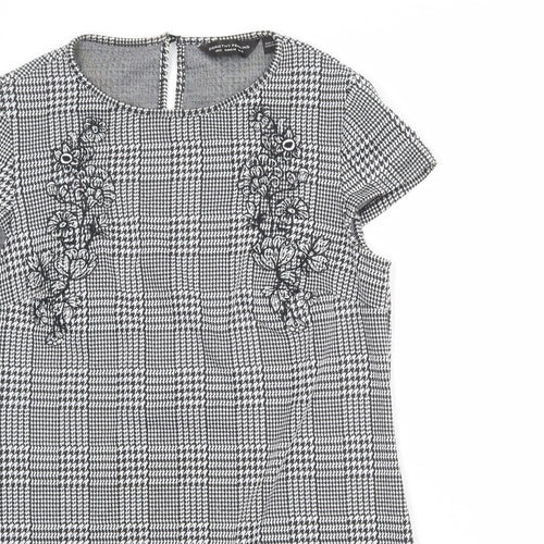 Dorothy Perkins Womens Grey Plaid Polyester A-Line Size 12 Round Neck Button - Flower Detail