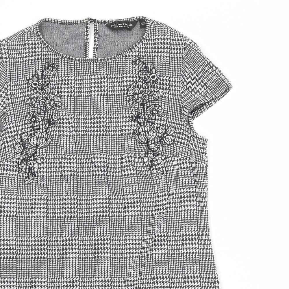 Dorothy Perkins Womens Grey Plaid Polyester A-Line Size 12 Round Neck Button - Flower Detail