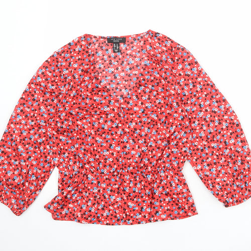 New Look Womens Red Floral Polyester Basic Blouse Size 4 V-Neck