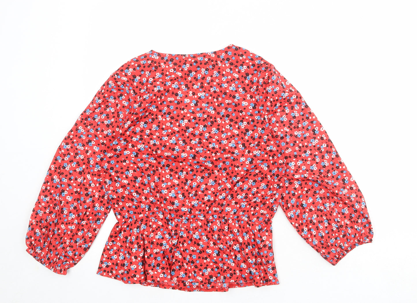 New Look Womens Red Floral Polyester Basic Blouse Size 4 V-Neck