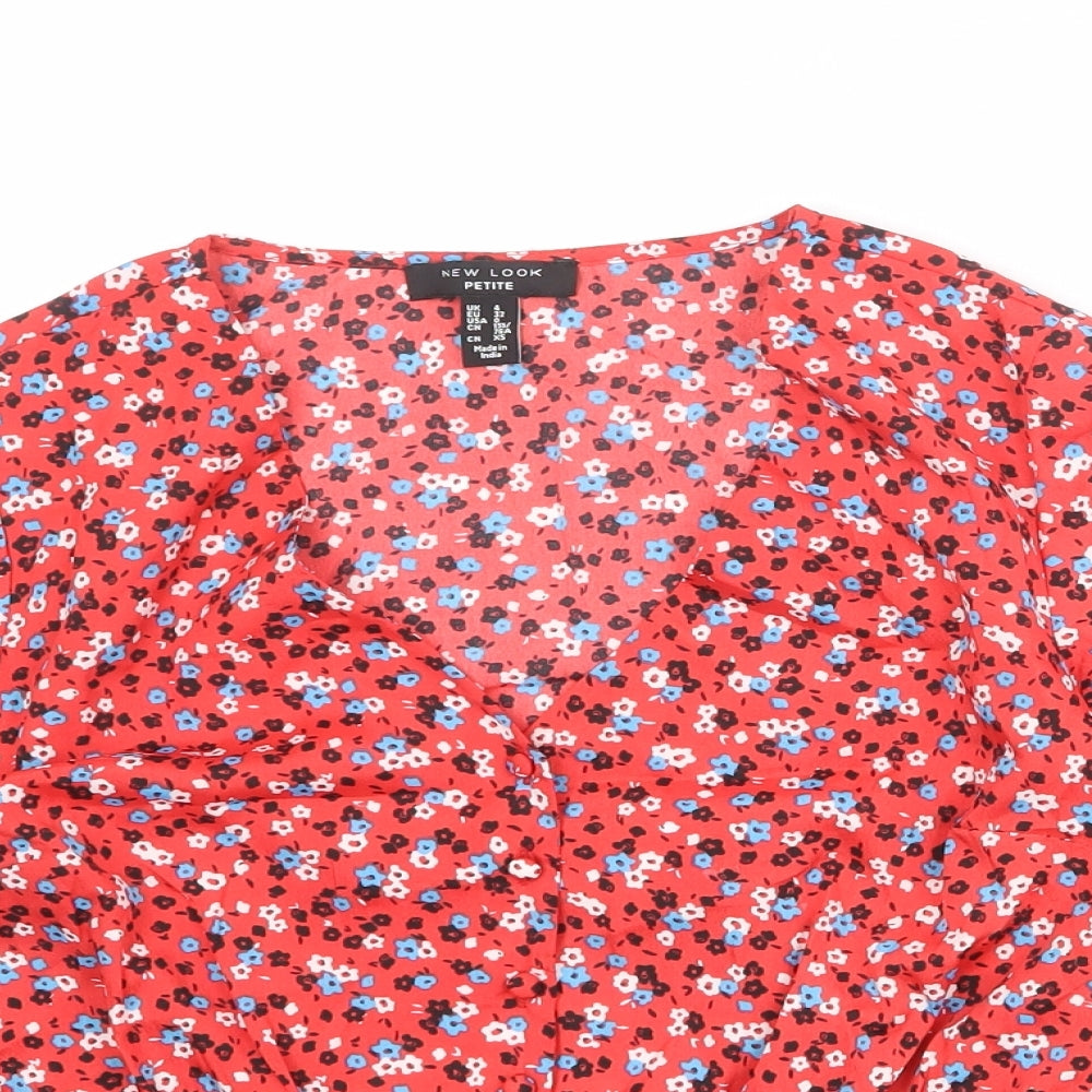 New Look Womens Red Floral Polyester Basic Blouse Size 4 V-Neck