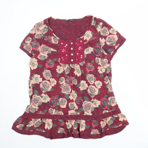 Marks and Spencer Womens Purple Floral 100% Cotton Basic Blouse Size 12 Round Neck