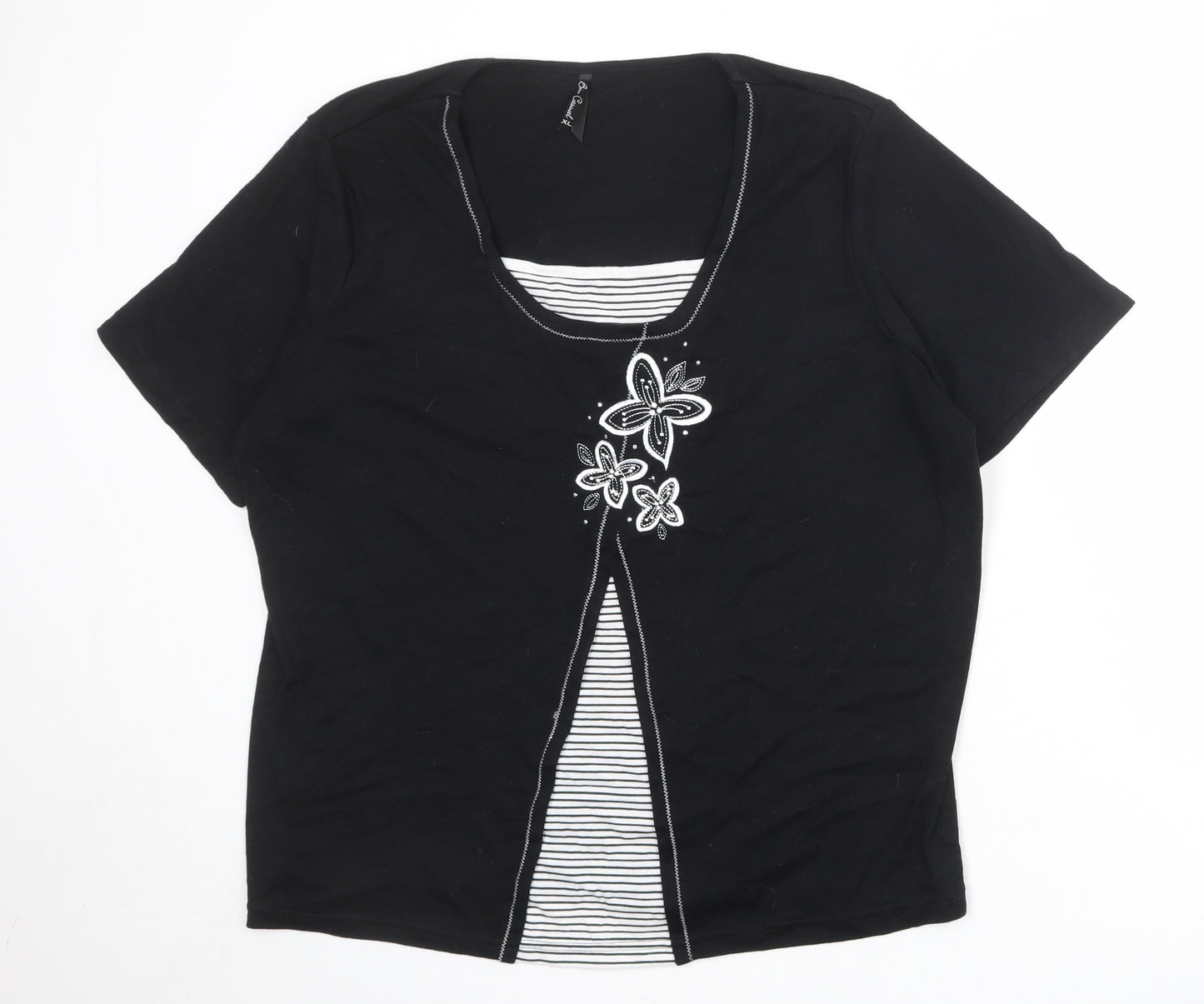 Bonmarché Womens Black Striped Polyester Basic Blouse Size XL Round Neck - Flowers