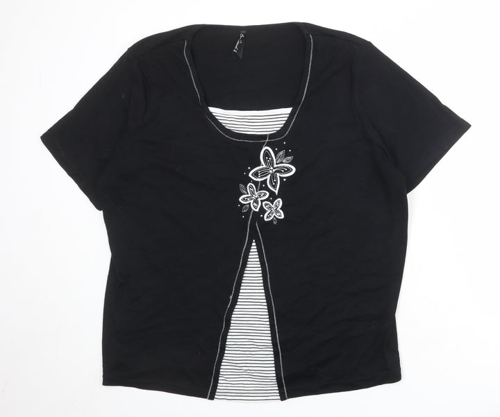 Bonmarché Womens Black Striped Polyester Basic Blouse Size XL Round Neck - Flowers