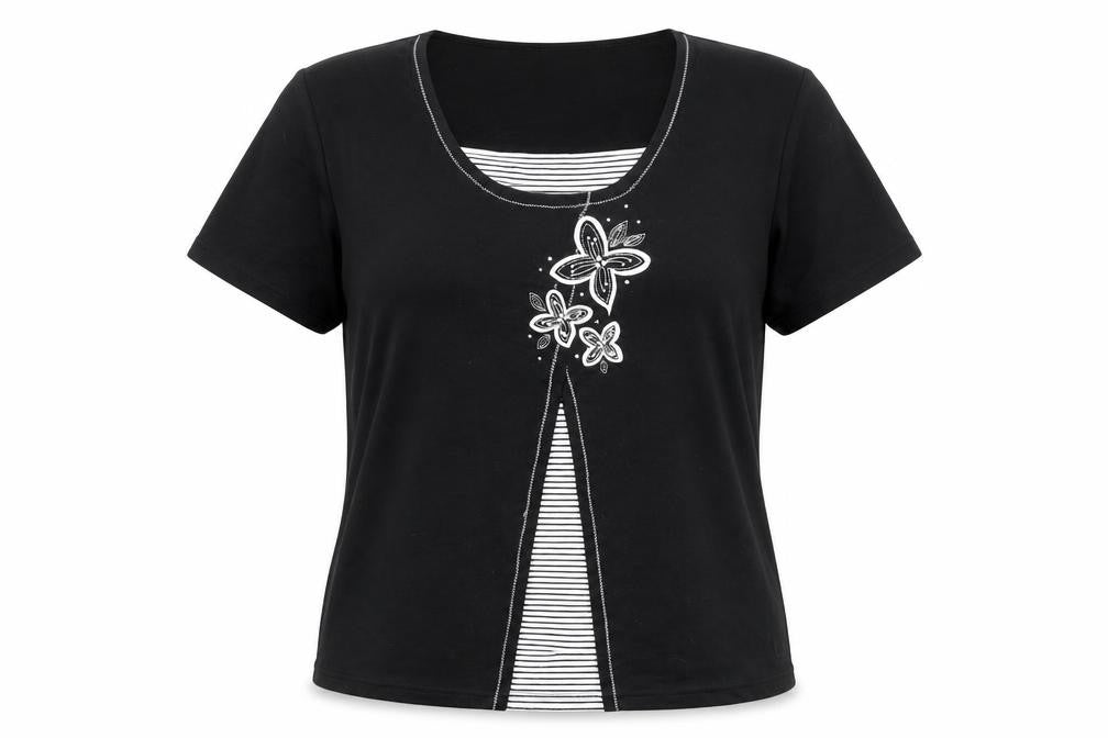 Front view of Bonmarché women’s black striped polyester basic blouse, size XL, round neck - flowers