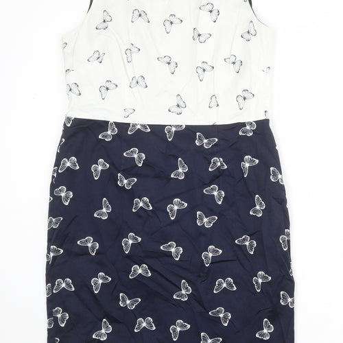Laura Ashley Womens Blue Geometric Cotton Shift Size 16 Round Neck Zip - Butterfly pattern