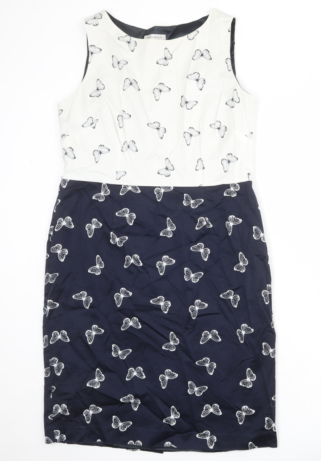 Laura Ashley Womens Blue Geometric Cotton Shift Size 16 Round Neck Zip - Butterfly pattern