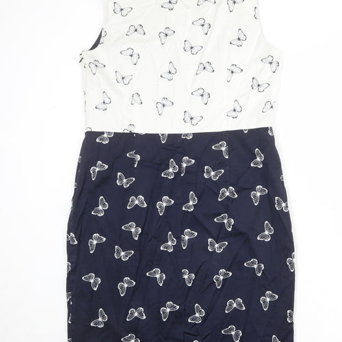 Laura Ashley Womens Blue Geometric Cotton Shift Size 16 Round Neck Zip - Butterfly pattern
