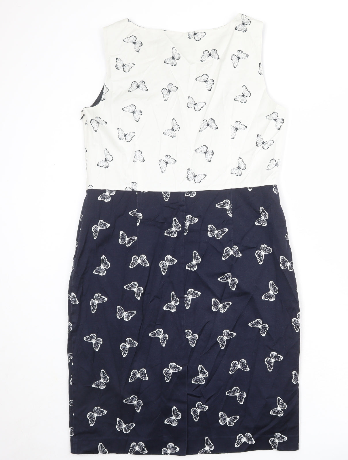 Laura Ashley Womens Blue Geometric Cotton Shift Size 16 Round Neck Zip - Butterfly pattern