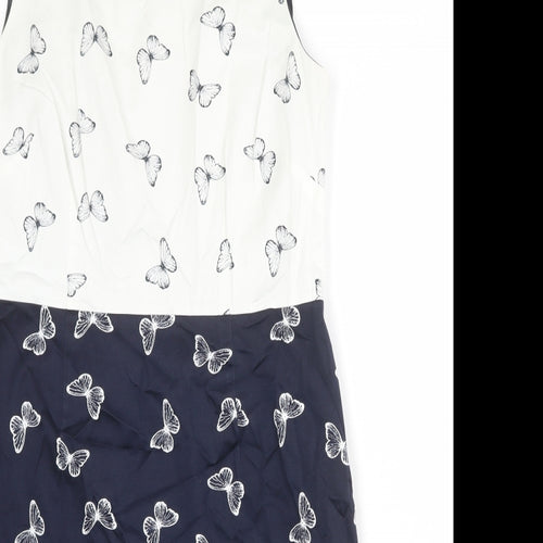 Laura Ashley Womens Blue Geometric Cotton Shift Size 16 Round Neck Zip - Butterfly pattern