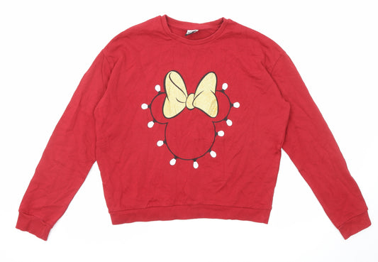 Front view of Disney girls’ red cotton pullover sweatshirt, size 13-14, years pullover - minnie mouse