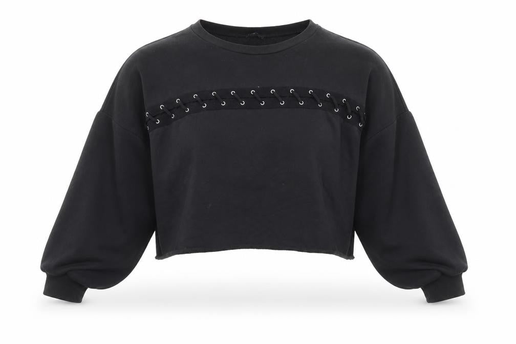 Front view of Zara women’s black cotton pullover sweatshirt, size S, pullover