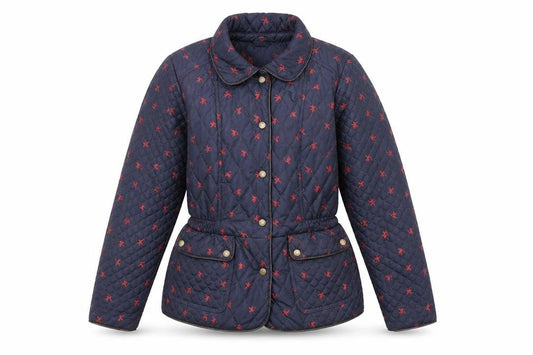 Front view of Monsoon women’s blue geometric quilted jacket, size UK 12, snap