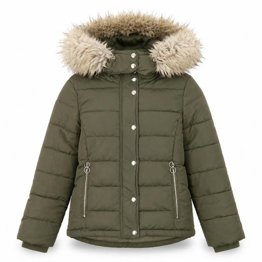 Front view of Topshop women’s green puffer jacket jacket, size UK 6, zip