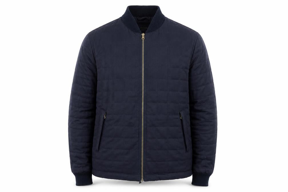 Front view of Hammond & Co men’s blue quilted jacket, size L, zip