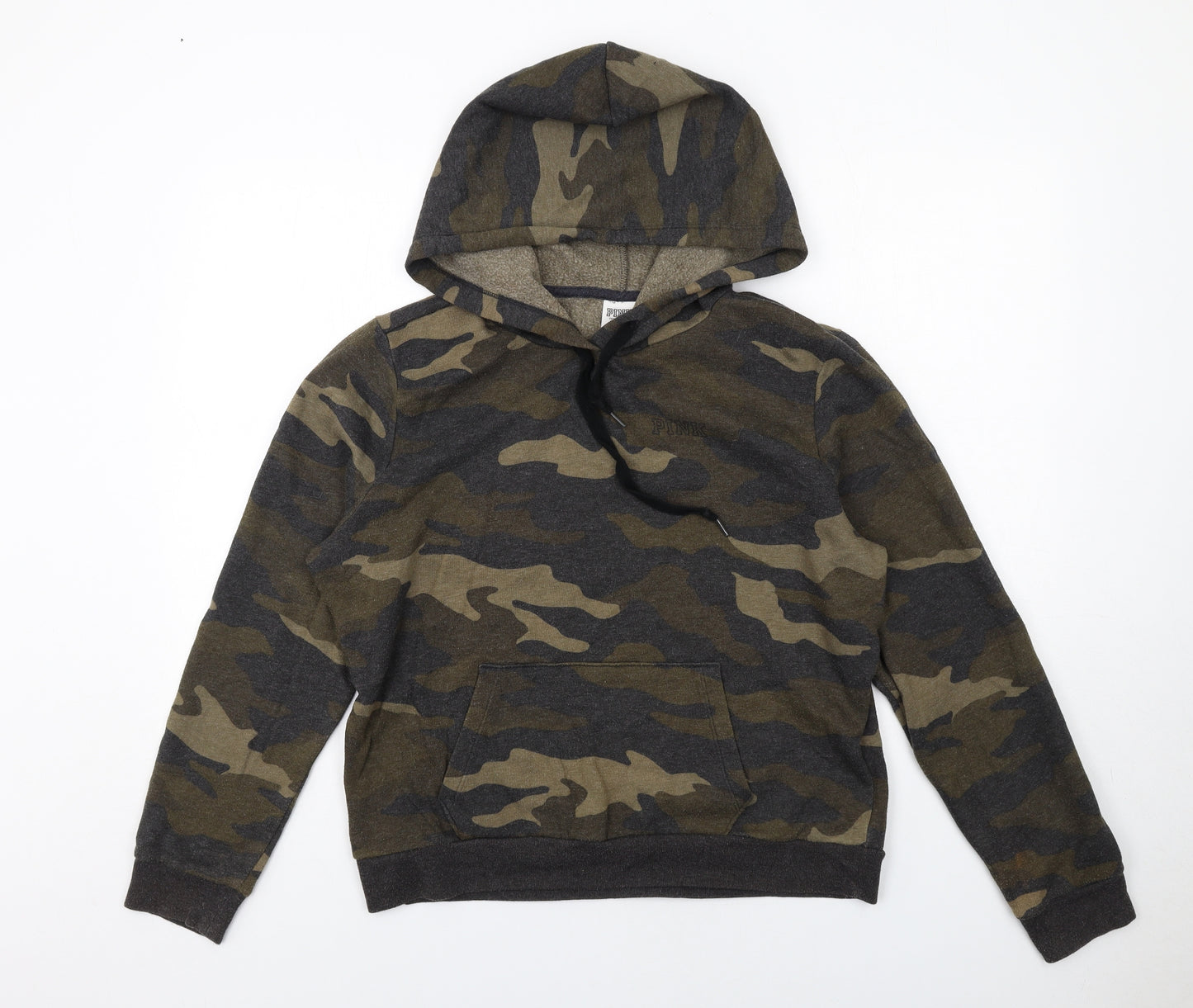 PINK Womens Green Camouflage Cotton Pullover Hoodie Size L Pullover