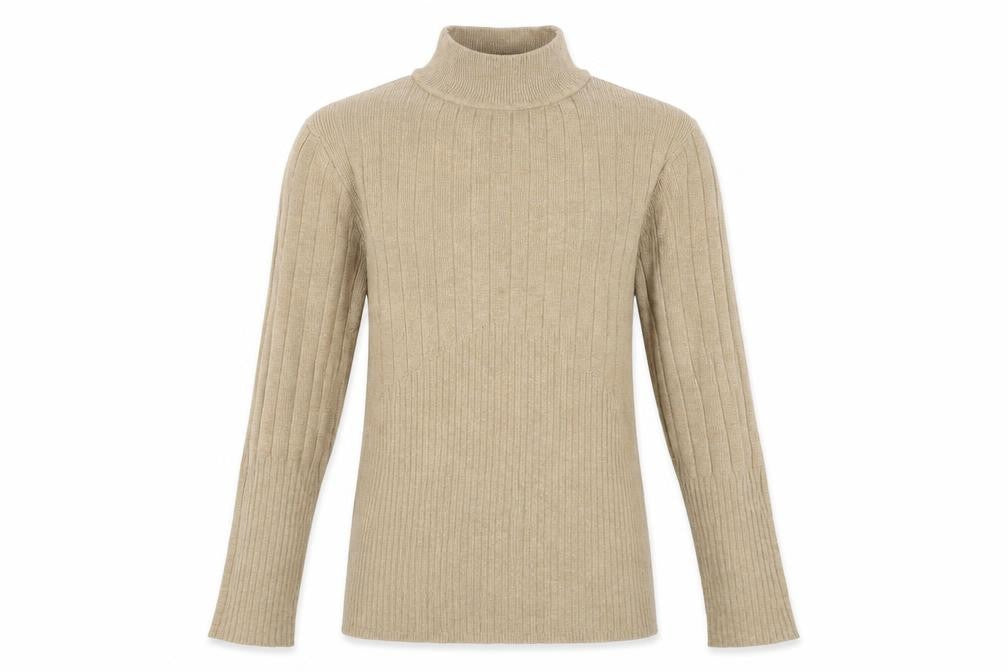 Front view of Marks & Spencer women’s beige high neck viscose jumper, size UK 8
