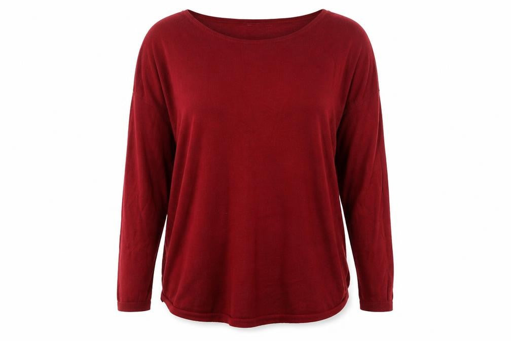 Front view of H&M women’s red round neck acrylic jumper, size S