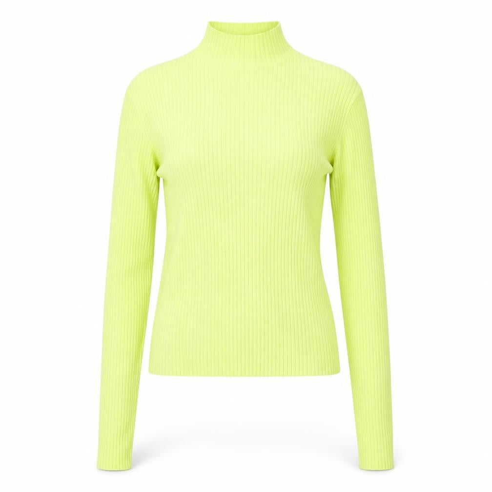 Front view of Bershka women’s yellow mock neck viscose jumper, size S