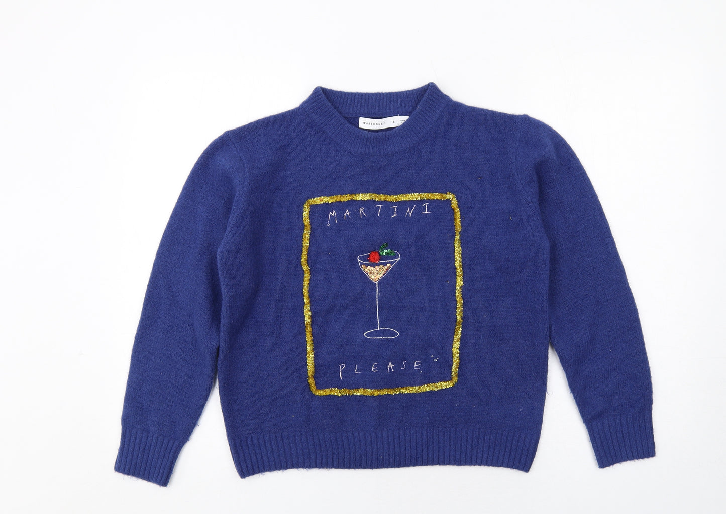 Warehouse Womens Blue Round Neck Acrylic Pullover Jumper Size S - Martini Please