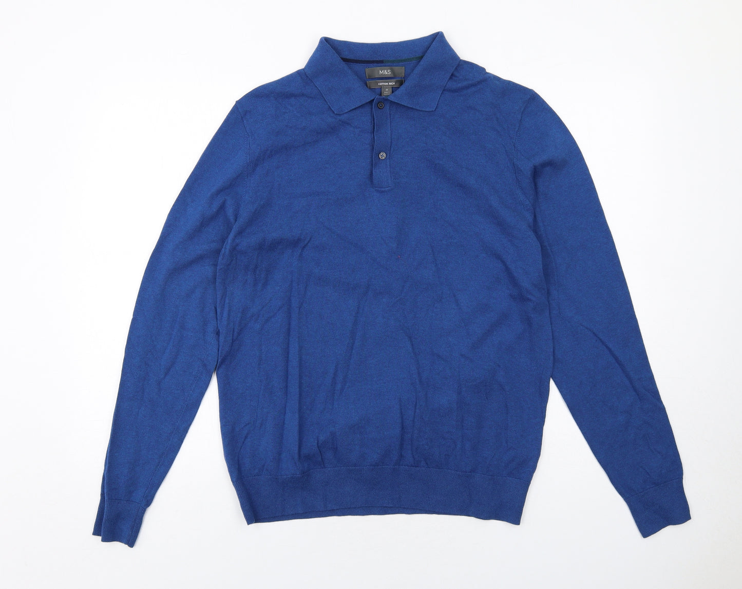 Marks and Spencer Mens Blue Collared Cotton Pullover Jumper Size M Long Sleeve