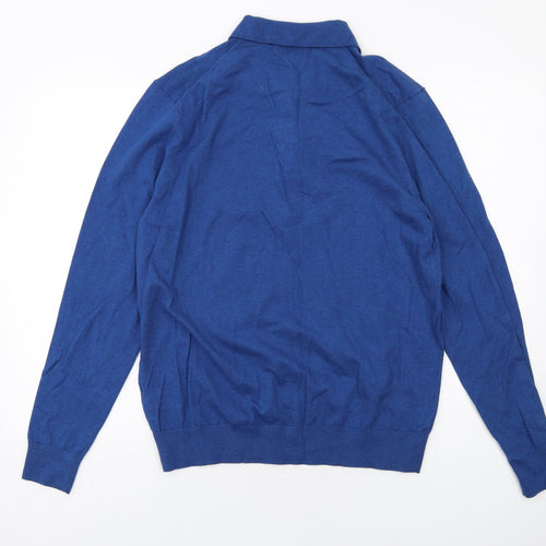 Marks and Spencer Mens Blue Collared Cotton Pullover Jumper Size M Long Sleeve