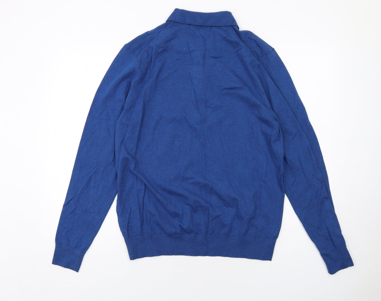 Marks and Spencer Mens Blue Collared Cotton Pullover Jumper Size M Long Sleeve