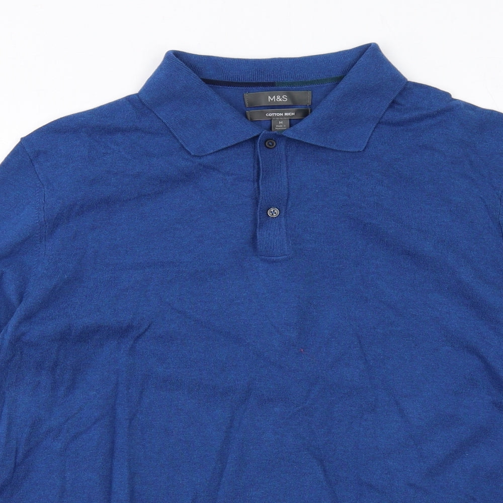 Marks and Spencer Mens Blue Collared Cotton Pullover Jumper Size M Long Sleeve