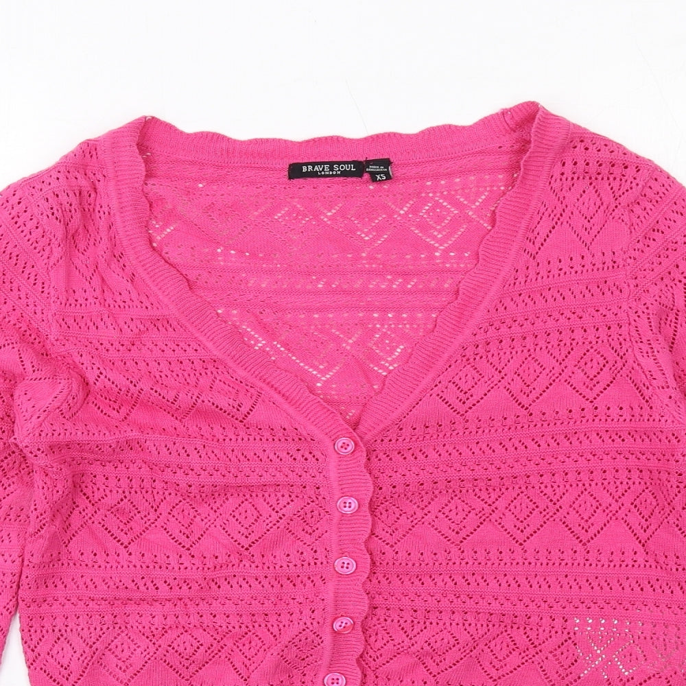 Brave Soul Womens Pink V-Neck Geometric Cotton Cardigan Jumper Size XS