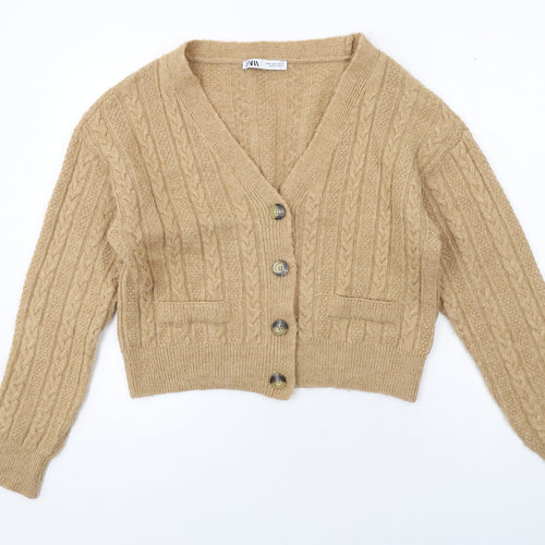 Zara Womens Beige V-Neck Acrylic Cardigan Jumper Size S