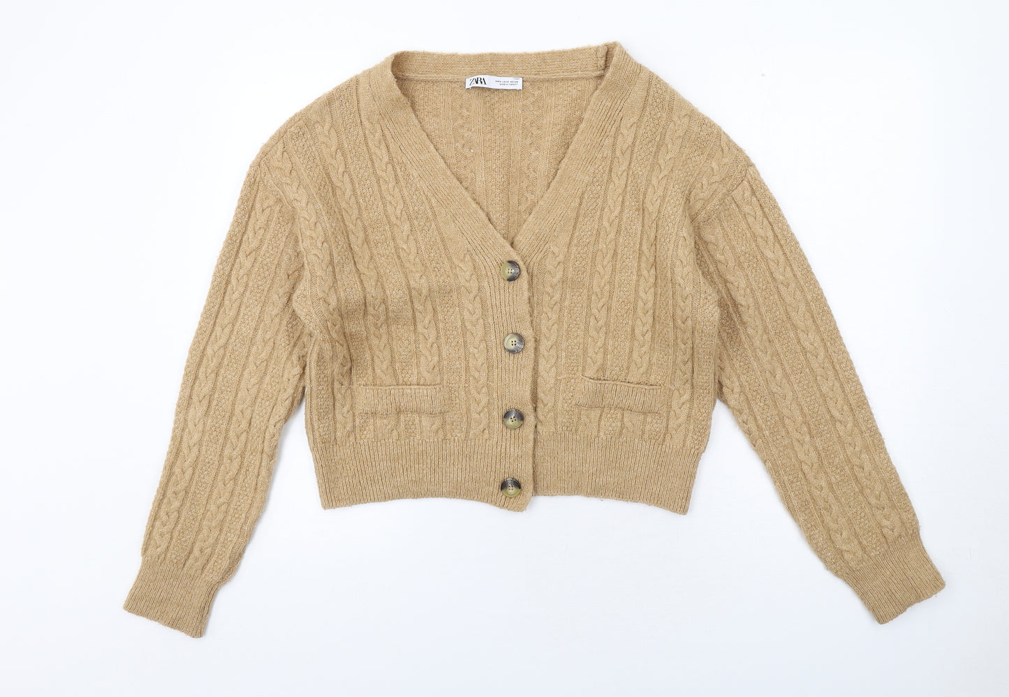 Zara Womens Beige V-Neck Acrylic Cardigan Jumper Size S