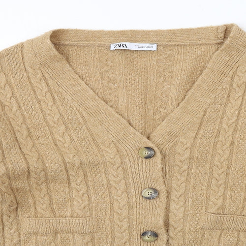 Zara Womens Beige V-Neck Acrylic Cardigan Jumper Size S