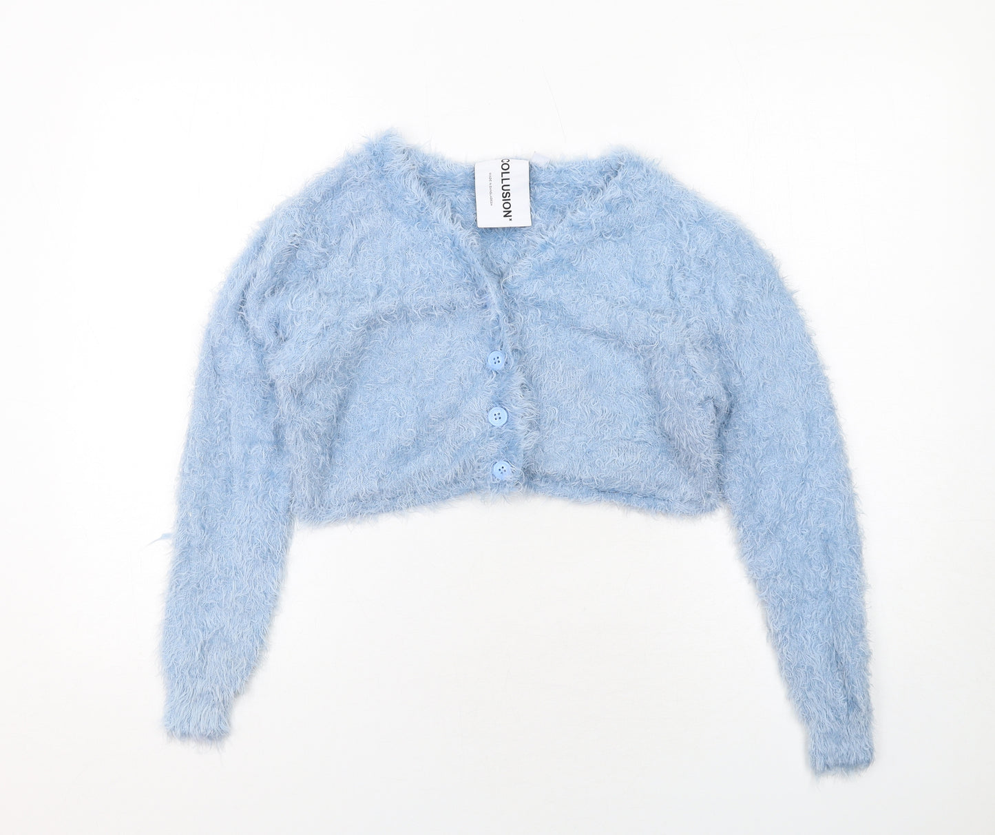 COLLUSION Womens Blue V-Neck Nylon Cardigan Jumper Size 6 - Cropped