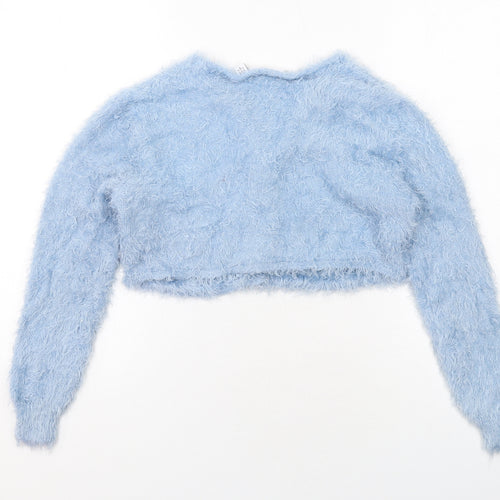 COLLUSION Womens Blue V-Neck Nylon Cardigan Jumper Size 6 - Cropped
