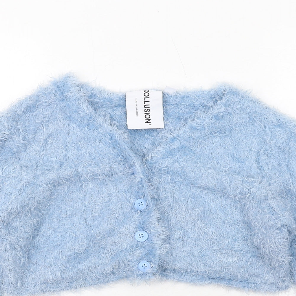 COLLUSION Womens Blue V-Neck Nylon Cardigan Jumper Size 6 - Cropped