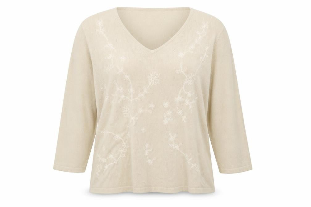 Front view of BHS women’s beige v-neck acrylic jumper, size UK 16