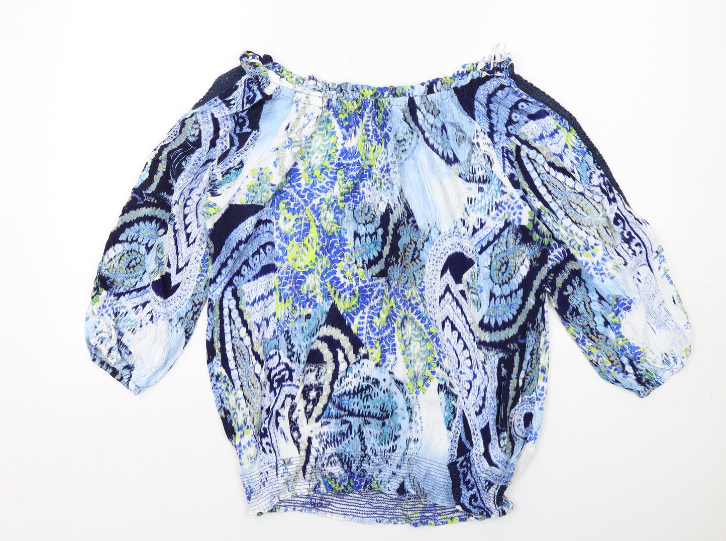 Desigual Womens Blue Geometric Viscose Basic Blouse Size L Round Neck