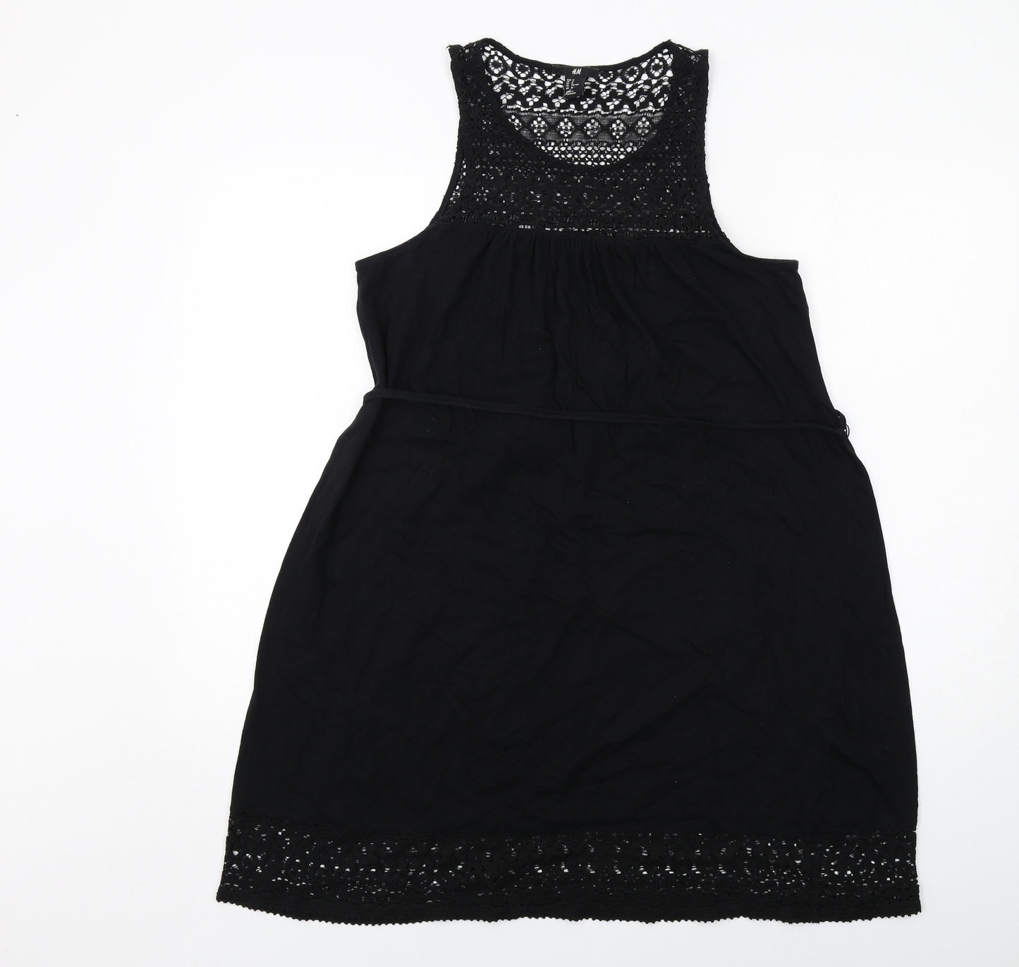 H&M Womens Black Cotton Tank Dress Size M Round Neck Pullover - Lace Details