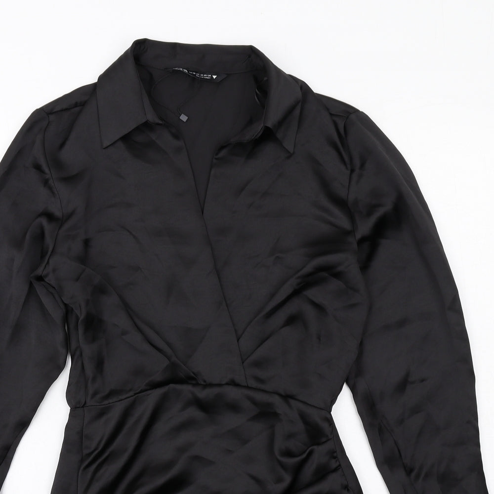 Zara Womens Black Polyester Shirt Dress Size XS Collared Zip