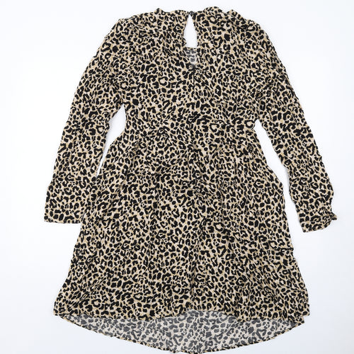 ASOS Womens Beige Animal Print Viscose A-Line Size 12 Round Neck Zip - Leopard Print , Twist Detail