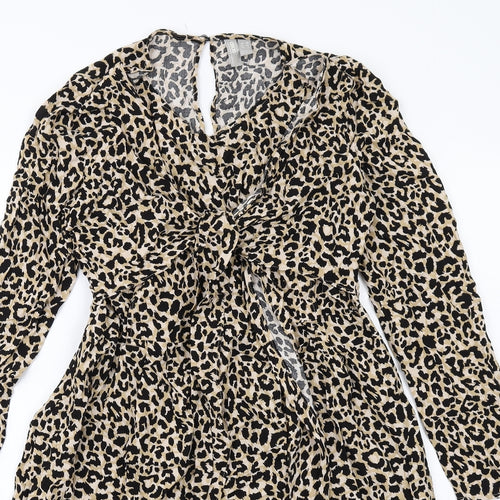 ASOS Womens Beige Animal Print Viscose A-Line Size 12 Round Neck Zip - Leopard Print , Twist Detail