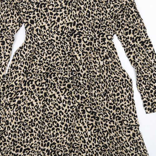 ASOS Womens Beige Animal Print Viscose A-Line Size 12 Round Neck Zip - Leopard Print , Twist Detail