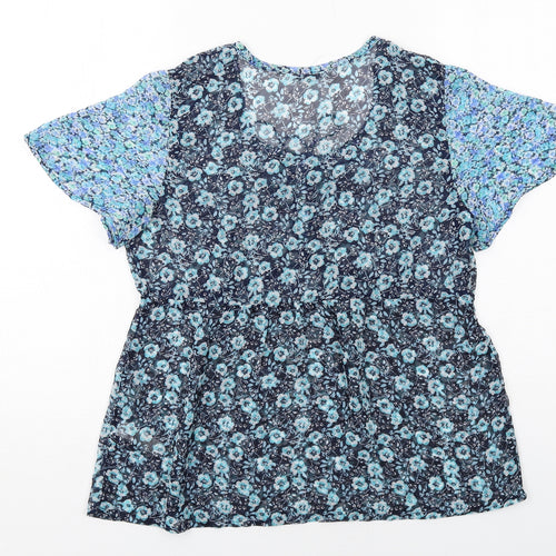 BHS Womens Blue Floral Polyester Basic Blouse Size 8 Round Neck