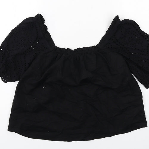 Lipsy Womens Black Cotton Cropped Blouse Size 10 Round Neck - Broderie Anglaise