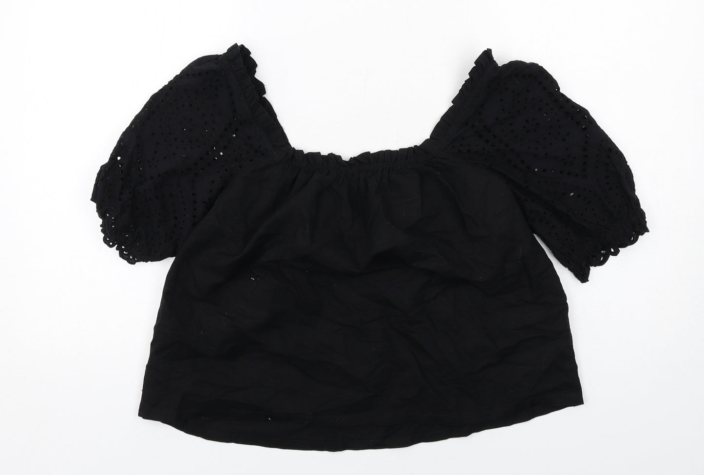 Lipsy Womens Black Cotton Cropped Blouse Size 10 Round Neck - Broderie Anglaise